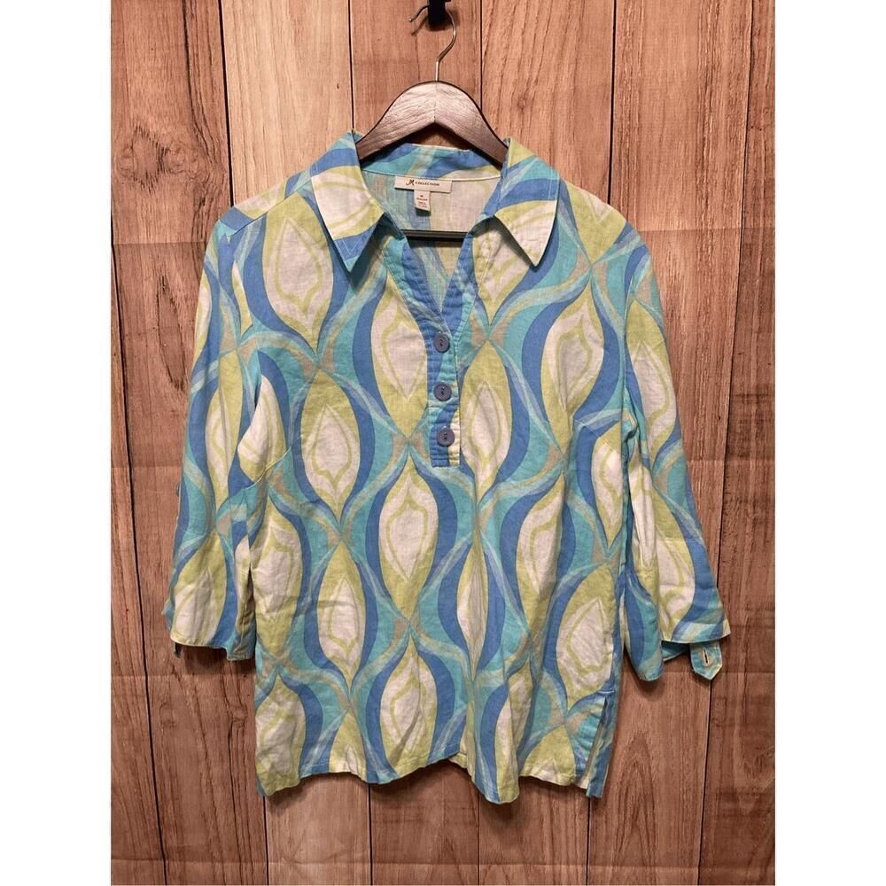 JM Collection 14 100% Linen shirt blouse button up blue white green 3/4 sleeve